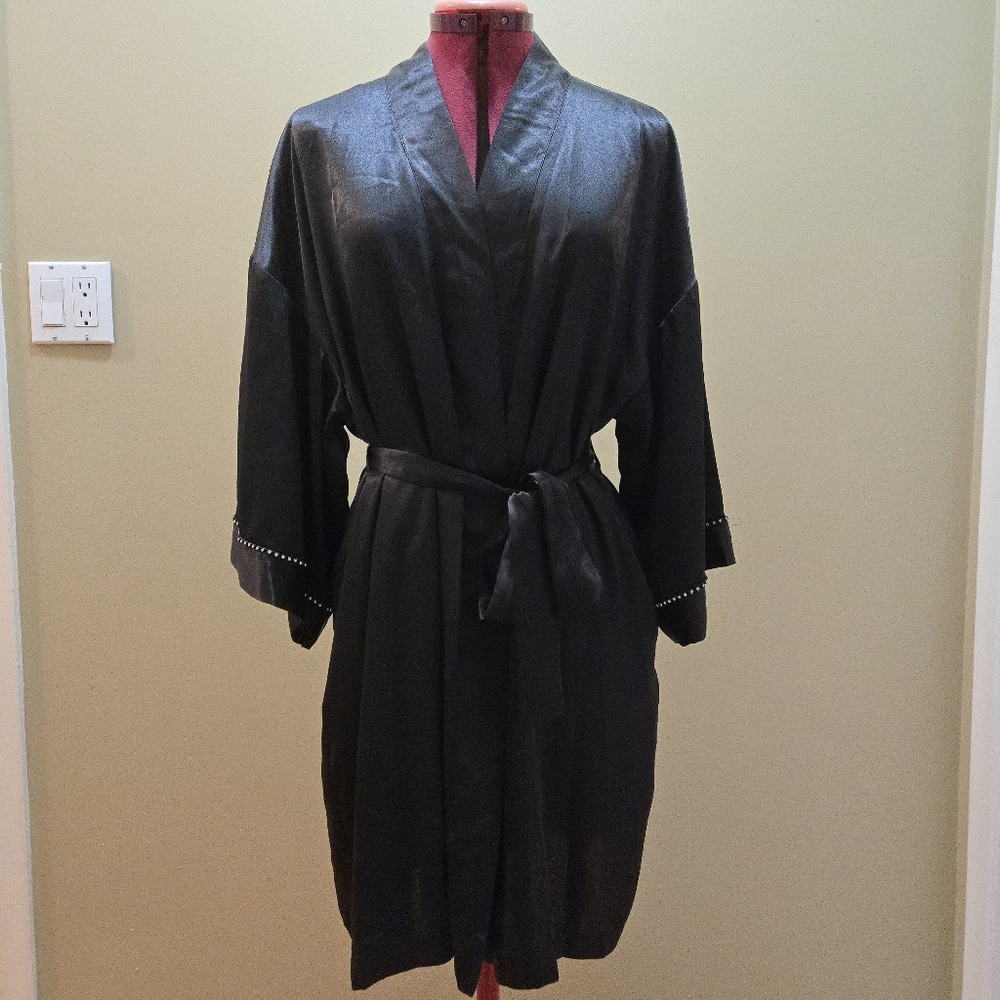Versailles Black Satin Robe with crystal trimmed sleeves